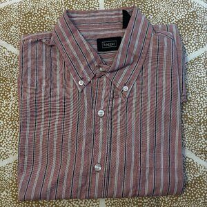 Haggar Men's Red, Blue+White Striped Button Down Short Sleeve Shirt Size Large